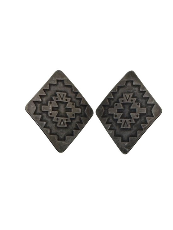 Estate Jewelry - Southwestern Tribal Sterling Silver Square Aztec Signed Clip-On Earrings Vintage